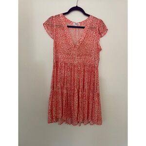 Lemlem by Liya Kebede Coral Leopard Print Metallic Stripe Tiered Dress Small